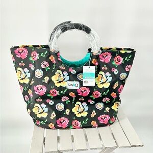 NWT SWIG Black Floral Insulated life loopi Large Tote Bag